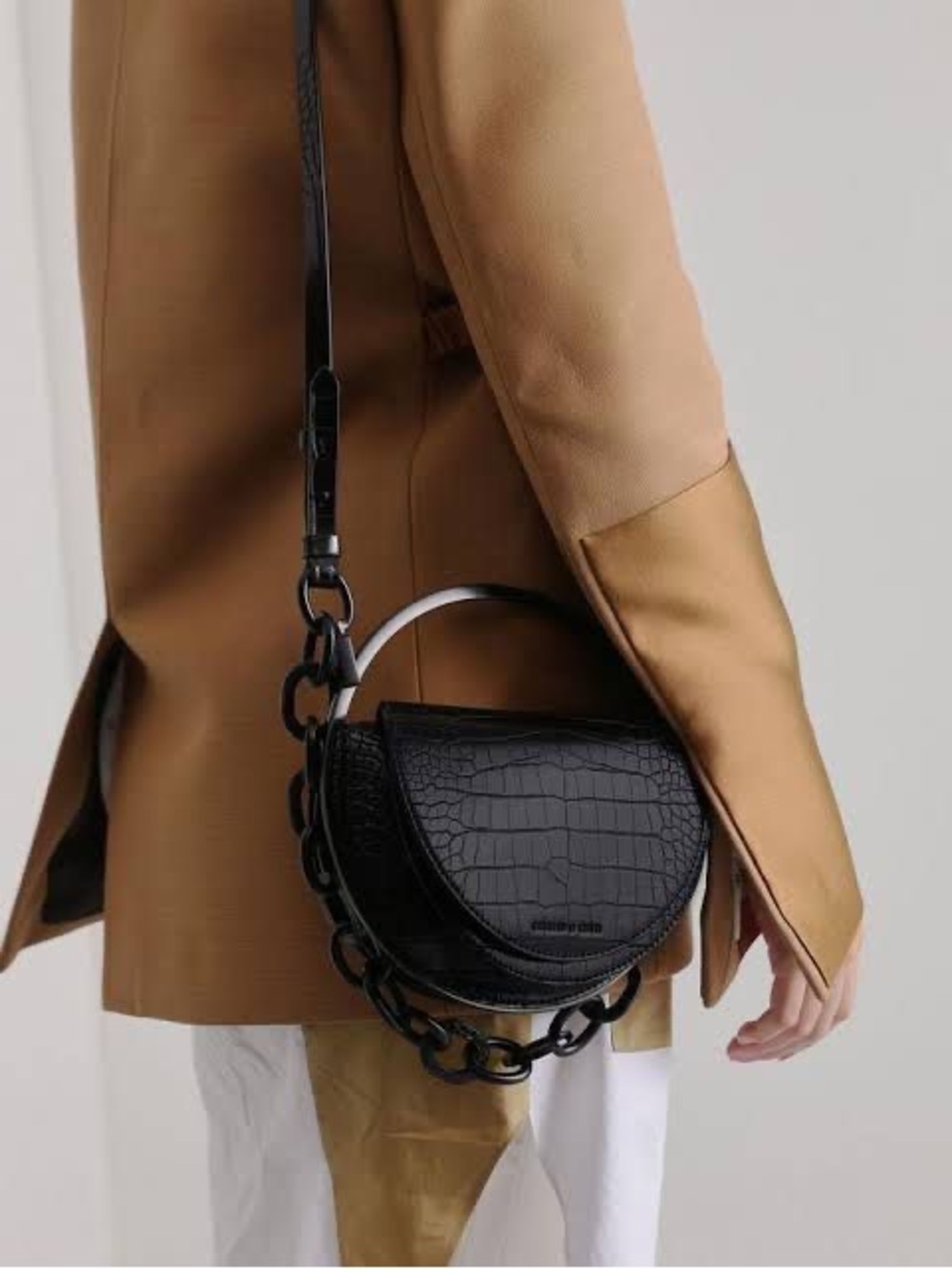 Charles & Keith Black Croc Embossed Mini Saddle Crossbody Bag Chain Strap 2Way